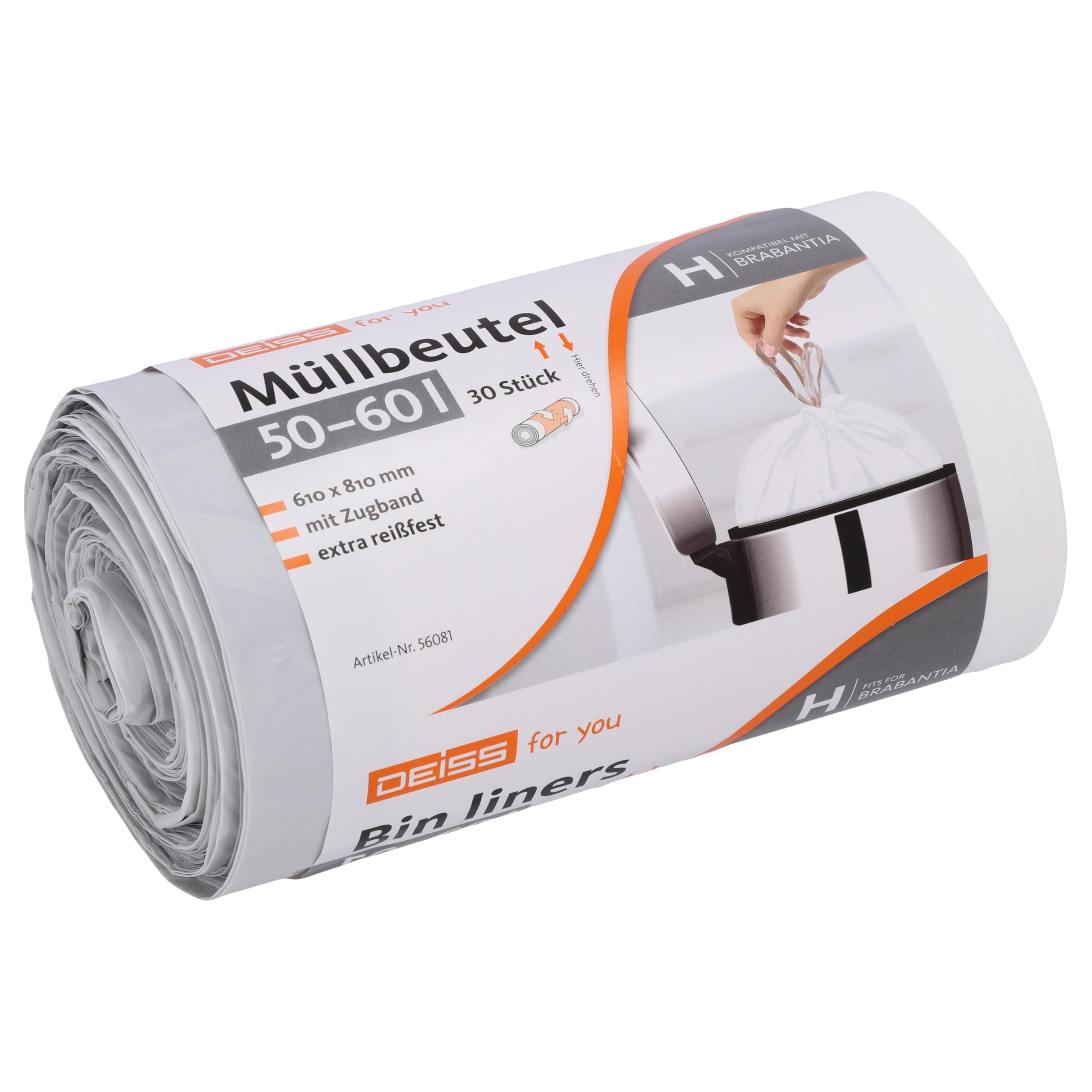 DEISS 50-60 Litre Bin Liners for Brabantia Touch Bin (Size H), Pack of 30.