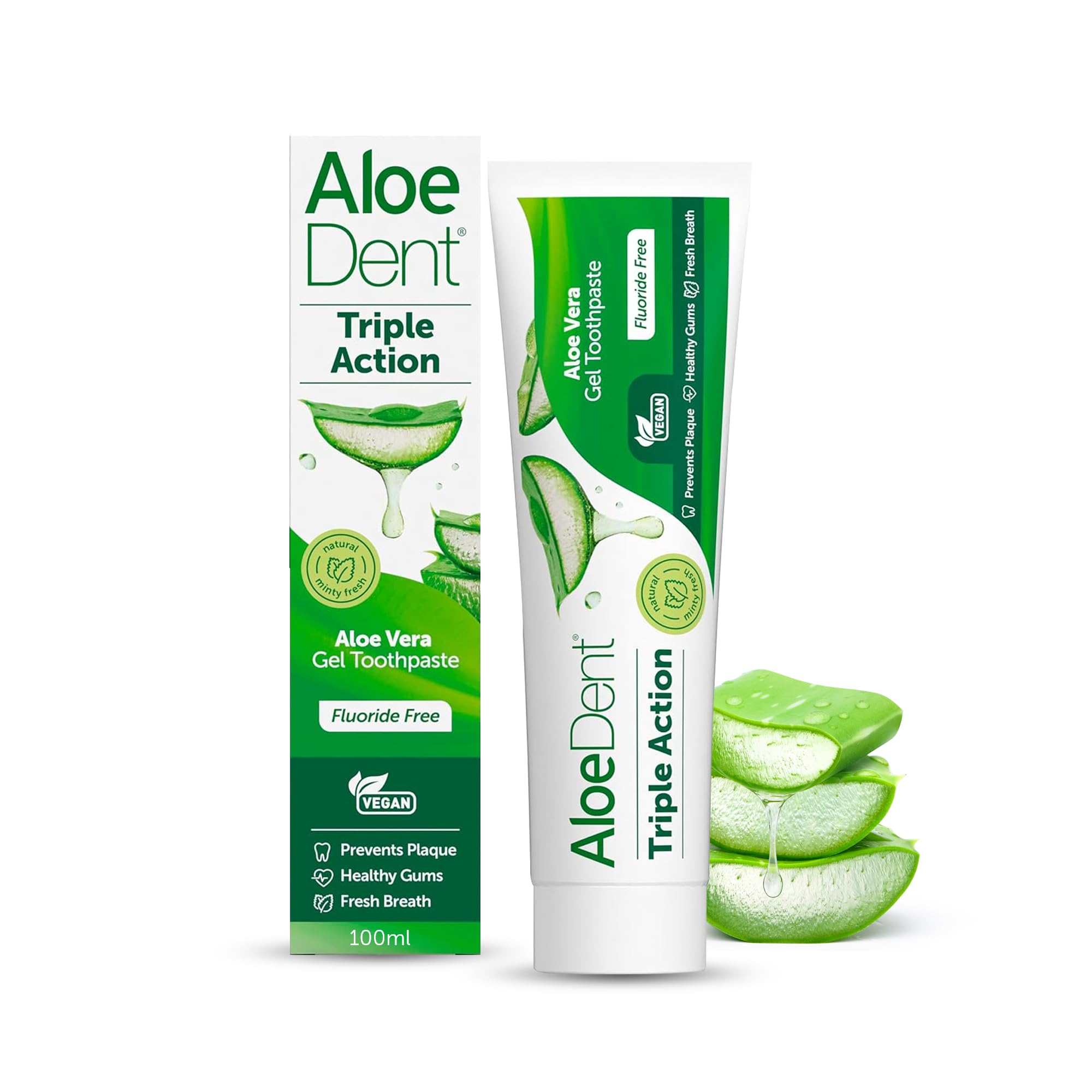 Aloe Dent Triple Action Aloe Vera Toothpaste Fluoride Free , Natural Action, Vegetarian , Cruelty Free , SLS Free, CoQ10, Healthy Gums , 100 ml