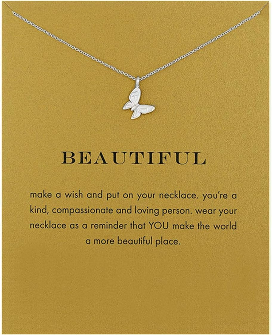 LANG XUAN Friendship Compass Necklace Good Luck Butterfly Pendant Chain Necklace with Message Card Gift Card for Women Girl