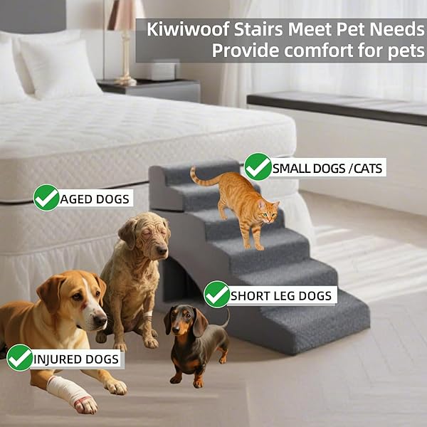7 STEP PET STAIRS RAMP FOR HIGH BEDS SOFAS 22-42 INCH, NON-SLIP DOG STAIRS FOR SMALL OLD MEDIUM LARGE XL DOGS CATS, STURDY 75 POUNDS 33D FOAM BALANCED 6-TIER LADDER WITH MACHINE WASHABLE COVER