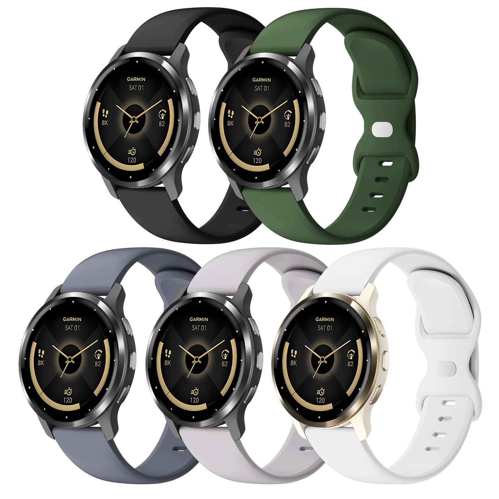 Huadea 5 Pack 18mm Silicone Watch Band Compatible with Garmin Vivoactive 4S/Vivomove 3S/Venu 3S 41mm/Venu 4 41mm/Venu 2S/Forerunner 255S/265S, Quick Release Soft Sport Straps for Women Men