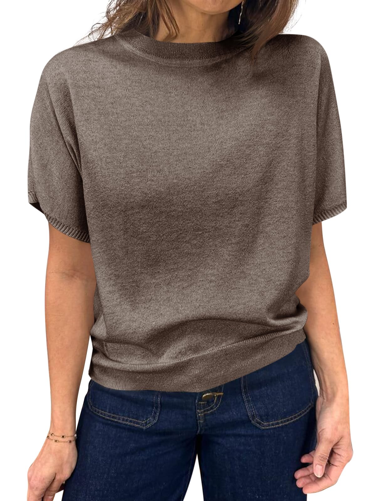 Photo 1 of Saodimallsu Womens Short Sleeve Sweater Casual Basic Crew Neck Loose Knit Pullover Tops Summer Lightweight Blouses Coffee