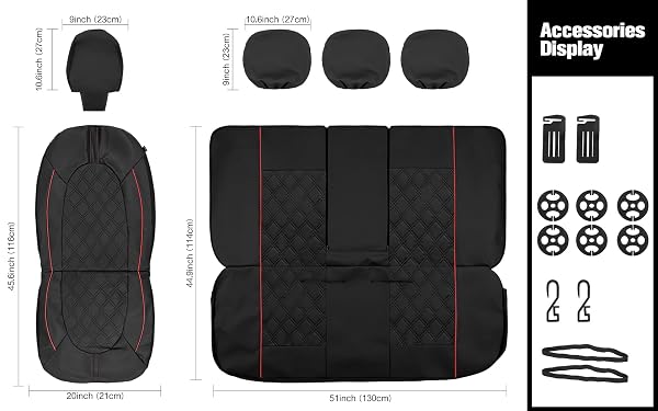 YGL LUXURY PU LEATHER CAR SEAT COVERS FULL SET, NON-SLIP SEAT COVER PROTECTORS, UNIVERSAL FIT FOR CARS, TRUCKS, SUVS, VANS, PICKUPS, AIRBAG COMPATIBLE, SEAT COVERS FOR CAR INTERIOR (BLACK/RED)