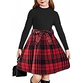 Arshiner Girls Dresses Long Sleeve Rib Knit Plaid Patchwork Belted Dress with Pockets