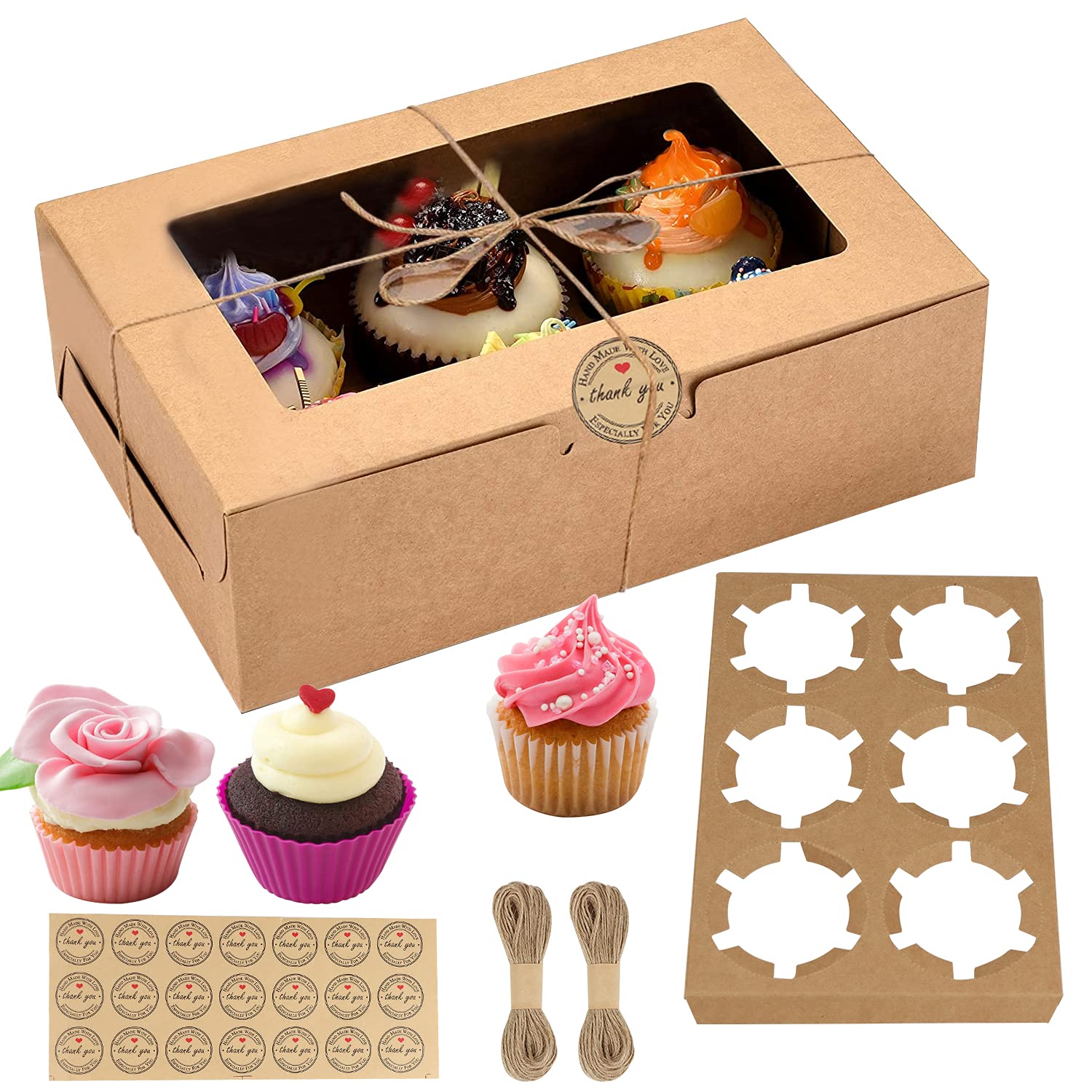 Gbateri 20 Pack Cupcake Boxes 6 Hole with Window and Inserts, Bakery Boxes, Cupcake Carriers Kraft Cup Cake Boxes Cookie Box Pastry Boxes Gift Boxes for Dessert, Muffins, Pies, Party Favors (Brown)