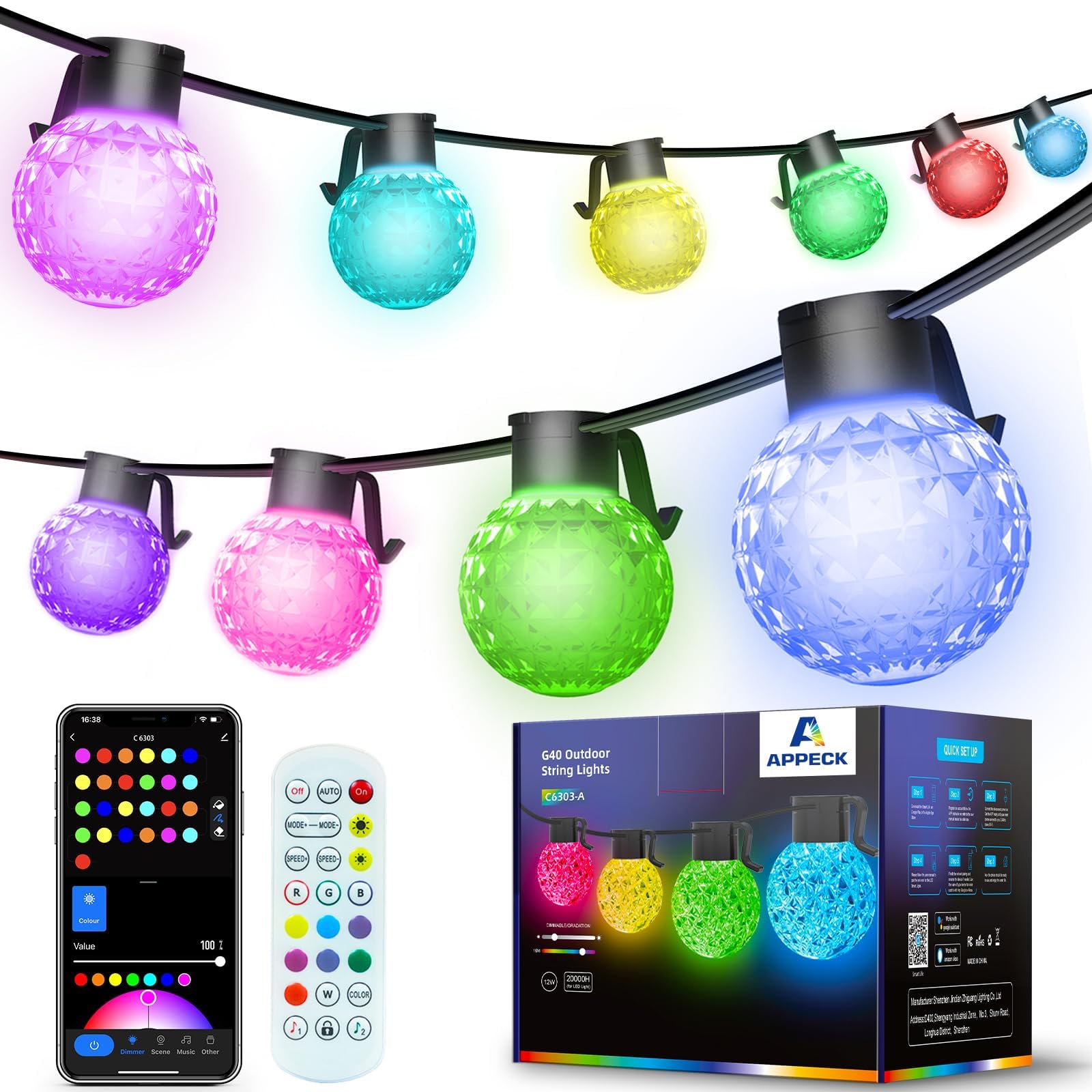 Photo 1 of PAIFAM Outdoor String Lights 50FT, 25 Dimmable Color Changing LED Patio Lights with 54 Scene Modes, Warm White LED Bulbs for Outside, Christmas, Work with Alexa, Google, APP Control, IP65 Waterproof