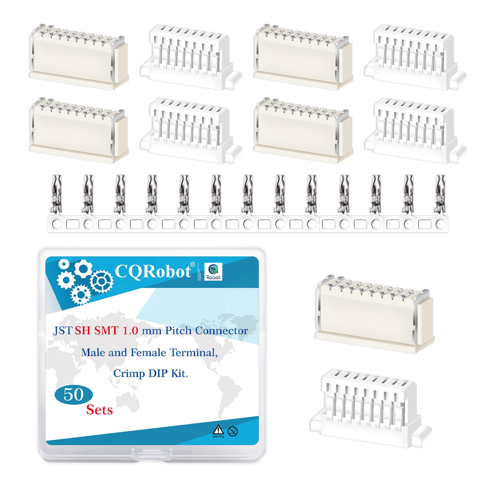 CQRobot JST SH SMD 1.0 mm Pitch 8-Pin Electronic Computer Connector IC Male Plugs, Female Sockets Housing and T-Shaped Crimp Terminal Kit. 50 Sets/500 Pieces Wire-to-Board Adapter Cable Assembly.
