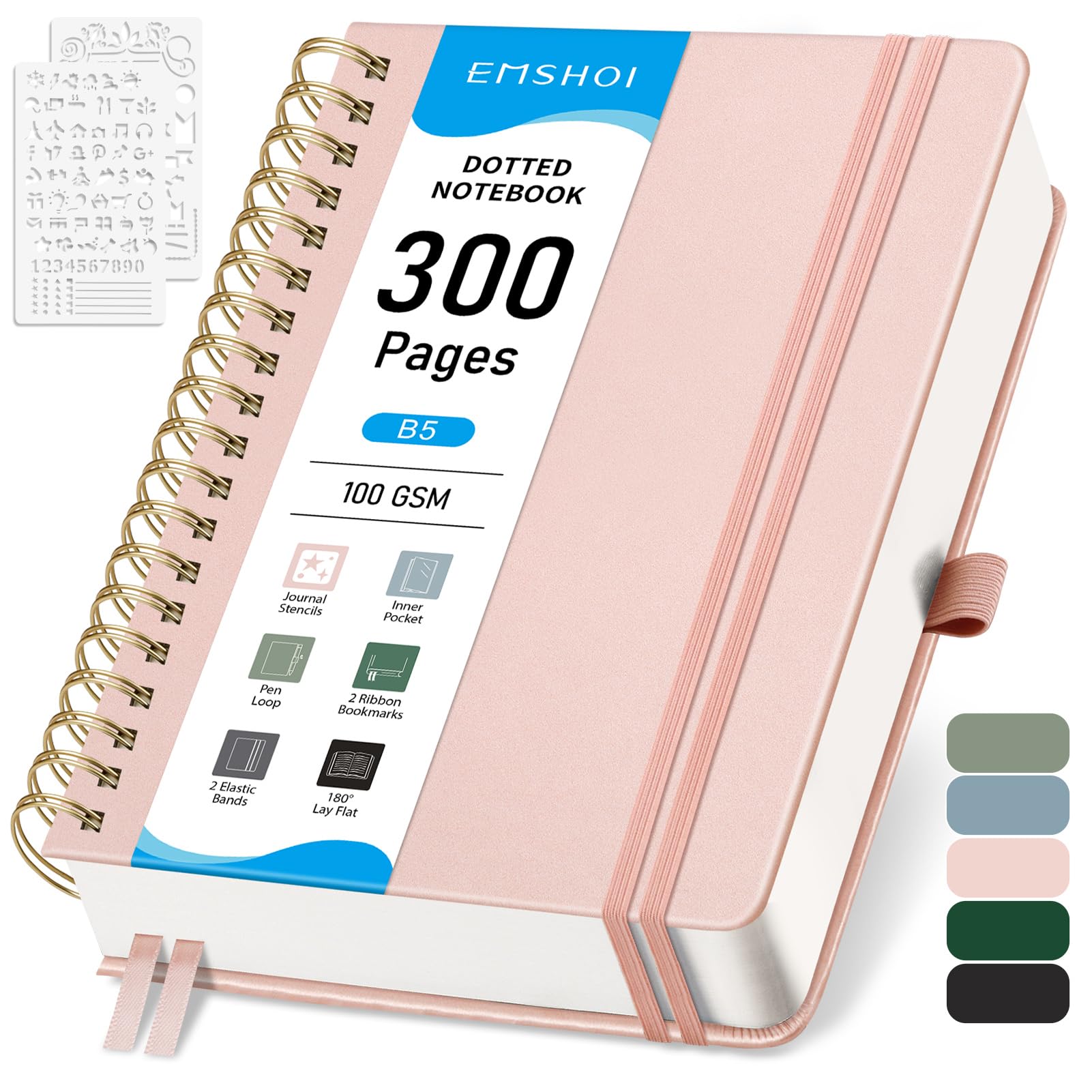 EMSHOI B5 Dotted Notebook, Spiral Notepad 150 Sheets/300 Pages, 100gsm, HardCover, Stencils, Pocket, Pen Loop, Ruler, Bookmark, Bullet Dot Grid Journal for Women Men Writing, 19 x 25.8cm, Rose Gold