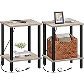 TUTOTAK End Table with Charging Station, Set of 2, Small Side Table, Nightstand Bedside Table, 2-Tier Storage Shelf for Small Space, Living Room, Bedroom Greige V1TB01BG041