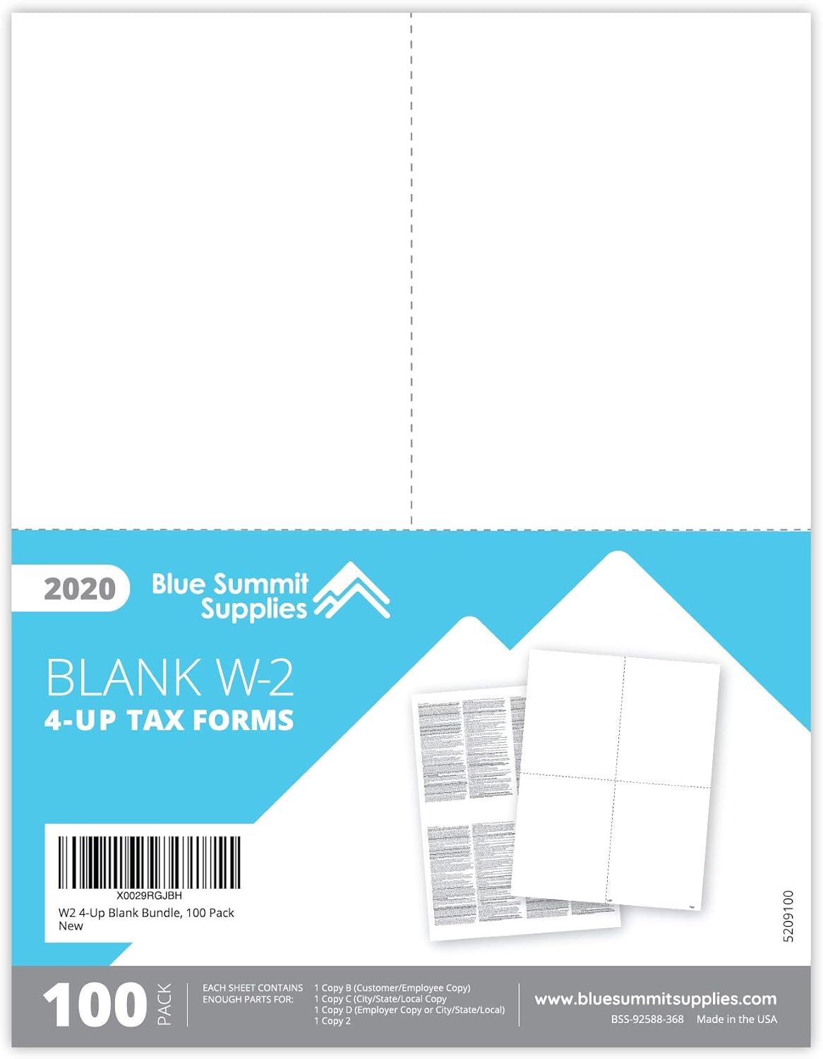 Blank W2 Forms, 2020 4 Up W2 Tax Forms, 100 Employee Forms, Designed for QuickBooks and Accounting Software, Ideal for E-Filing, Works with Laser or Inkjet Printers, 100 Four Part Forms : Office Products
