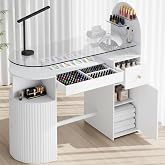 Curved Manicure Table with Tempered Glass Top, Professional Nail Tech Desk | Elegant Curved Design, Sturdy Tempered Glass, Acetone Resistant, Wrist Cushion, Storage Cabinet, Drawers &amp; Shelves