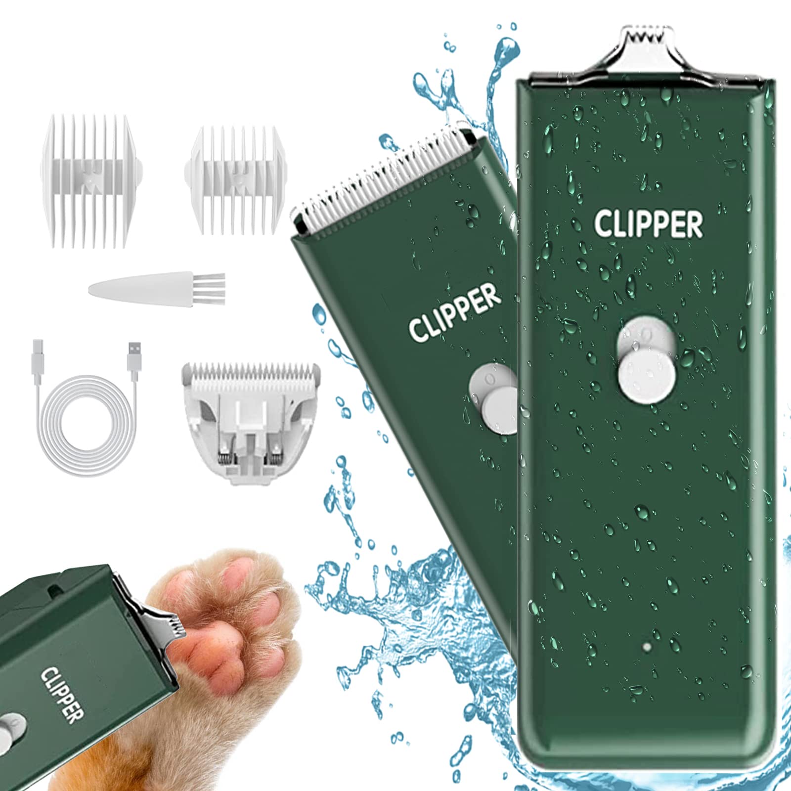 Dog Clippers,Pet Hair Trimmer Low Noise Washable USB Rechargeable Cordless Dog Grooming Kit with Wide & Narrow Blade,Electric Pet Feet Hair Trimmer for Cats Dogs (Green+Double Blades)