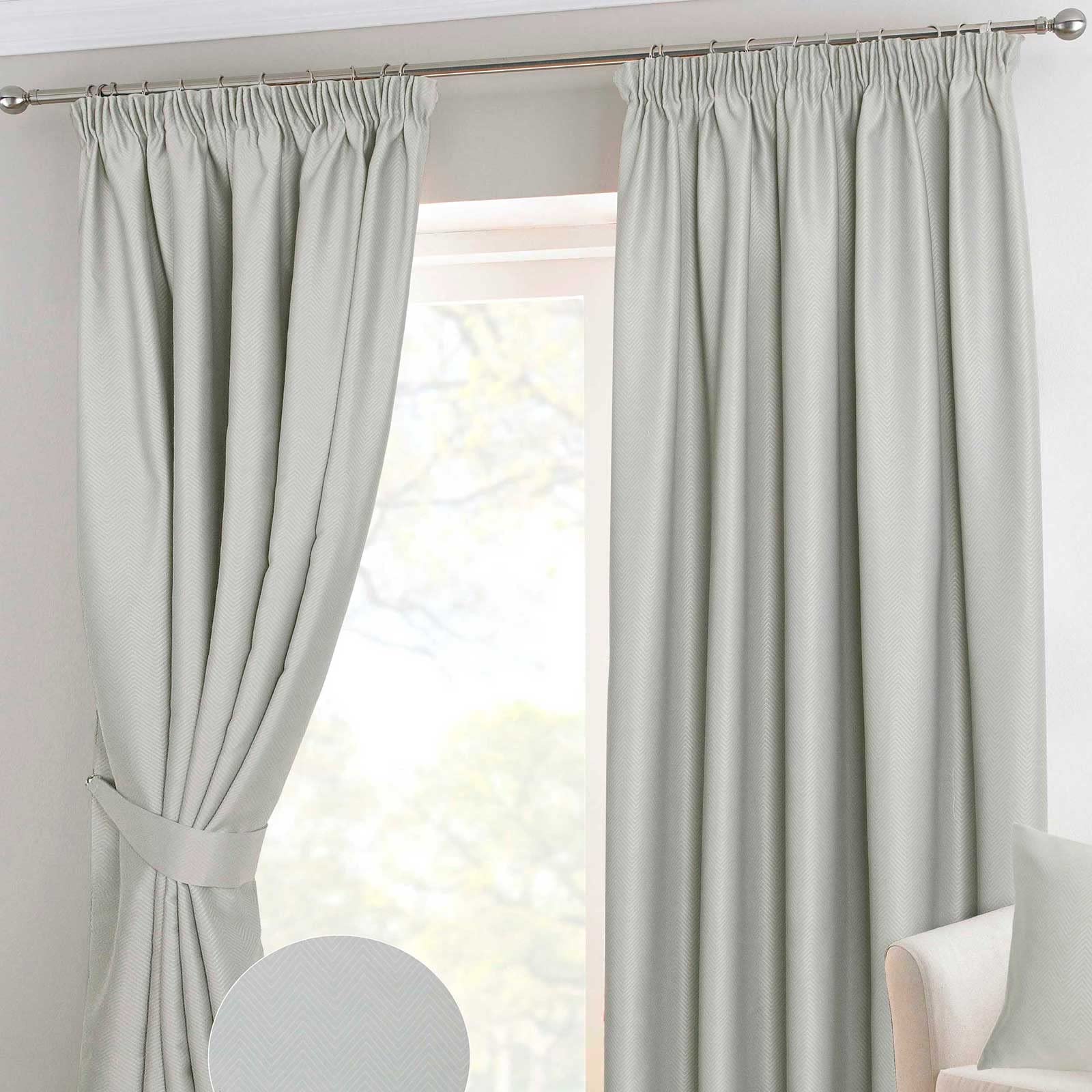 HOMESCAPES Ivory Pencil Pleat Blackout Thermal Curtain Pair Width 117cm (46") x 182cm (72") Drop Herringbone Chevron Textured Retro Geometric Design. FREE SWATCHES.