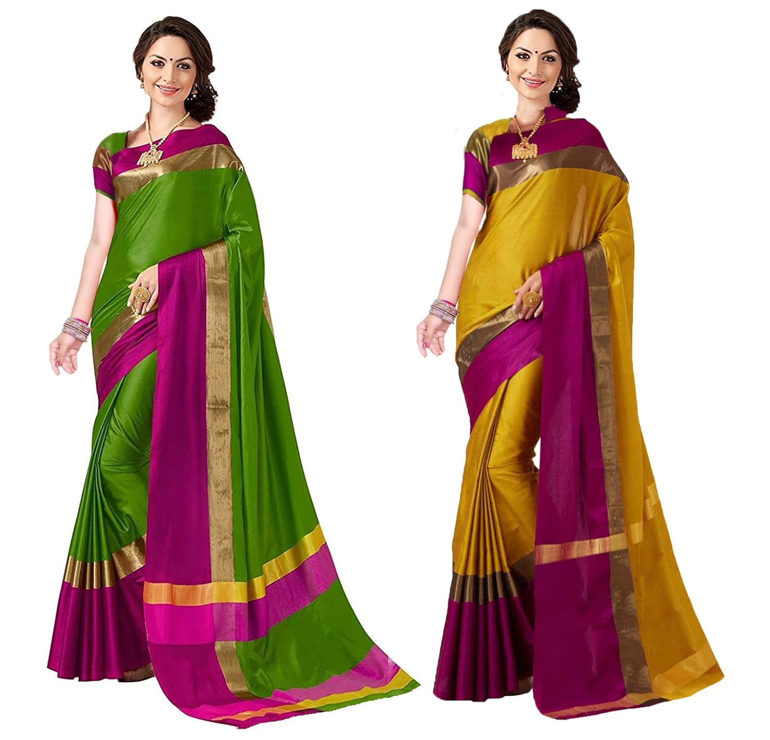 art decor sarees cotton saree with blouse piece (pack of 2) (ashi n combo_green mustrad_free size)