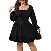 Womens Plus Size Dress Casual Long Lantern Sleeve Square Neck Textured Ruffle Flowy Ruched A-Line Mini Dresses for Women