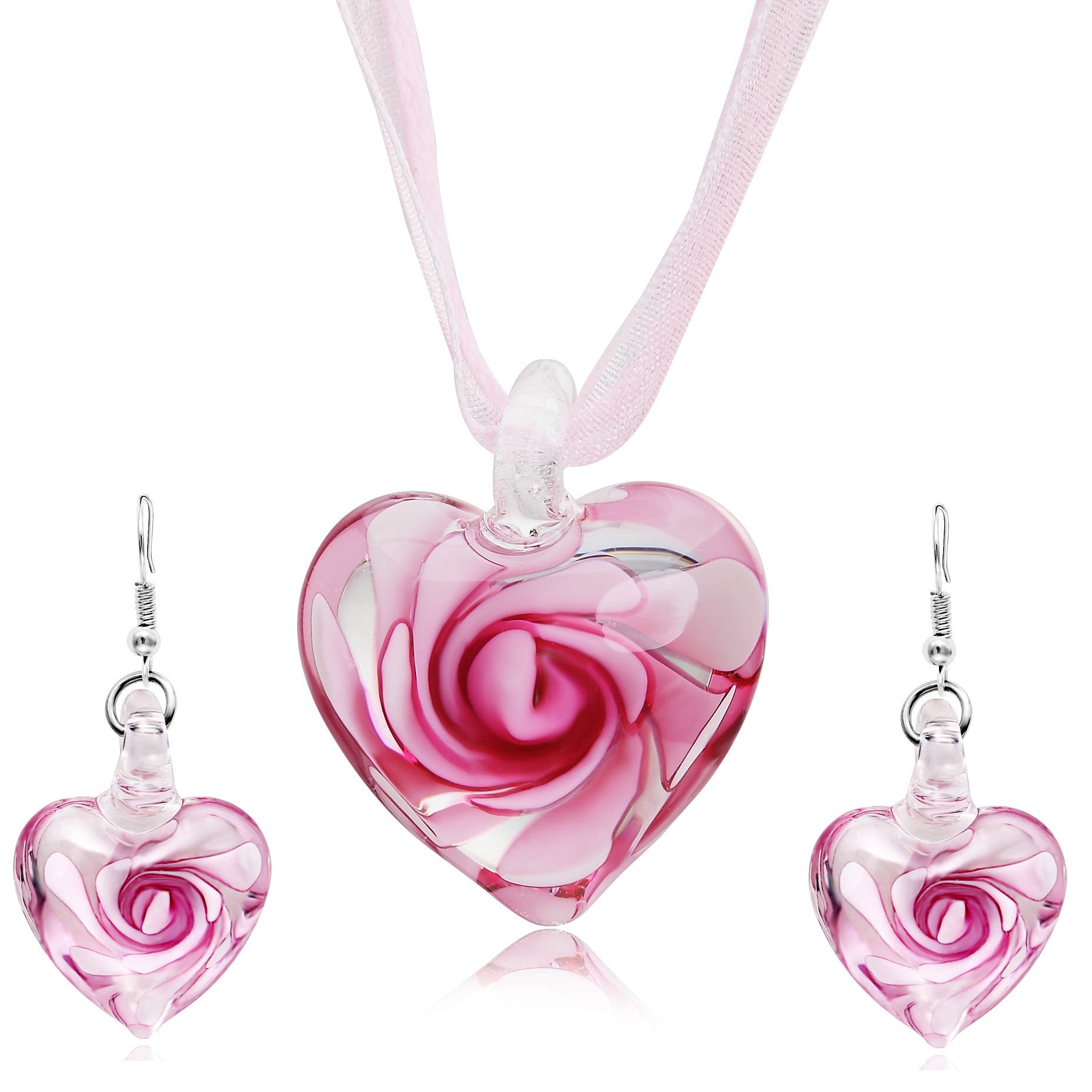 Aituo Murano Inspired Design Personality Spiral Tornado Style Coloured Glaze Necklace Earrings Set (Pink)