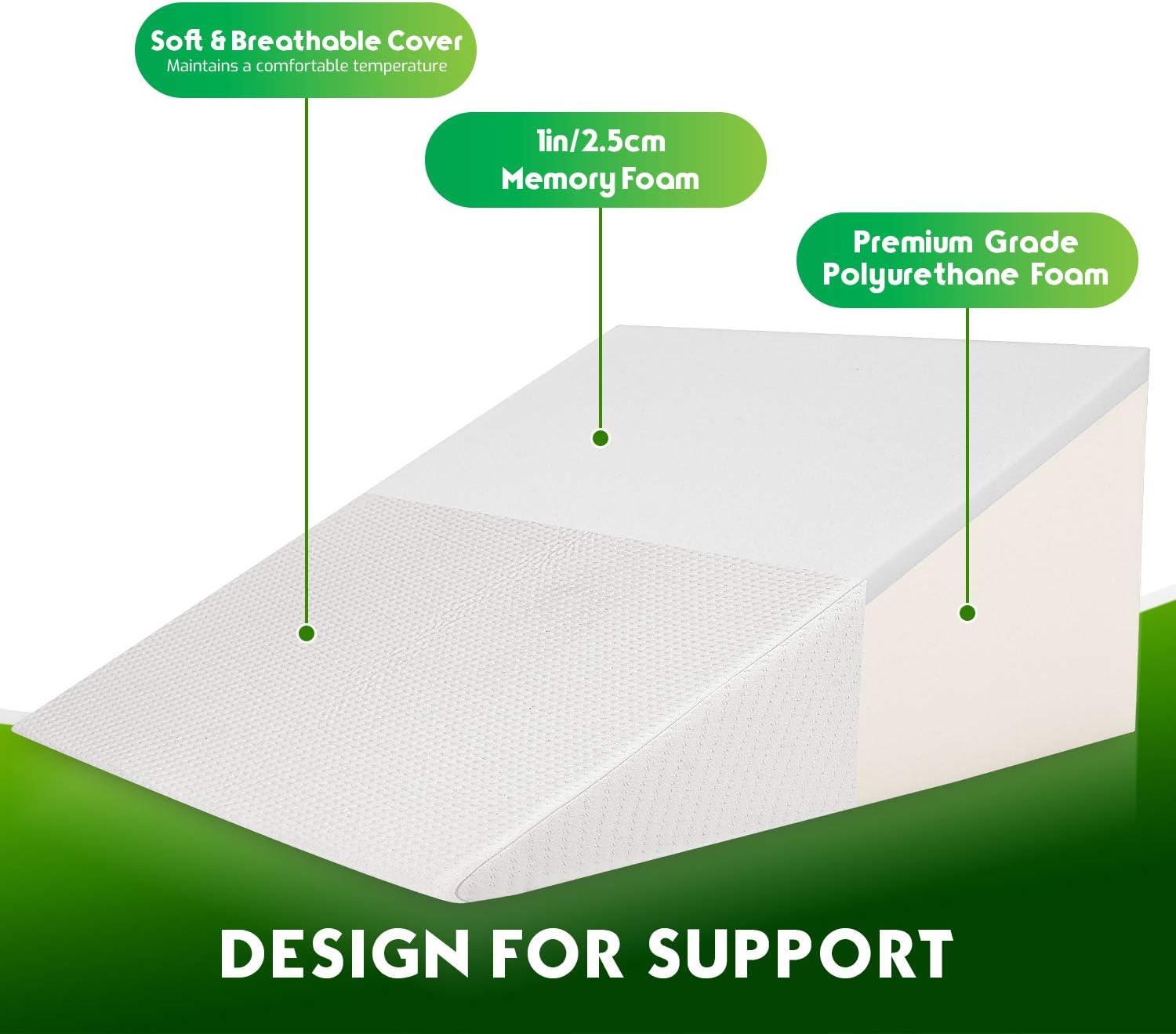 Bed Wedge Pillow with Memory Foam Top - Reduce Neck and Back Pain, Snoring, Acid Reflux and Respiratory Problems - Ideal for Sleeping, Reading, Rest or Elevation - Breathable and Washable Cover - 12in: Home & Kitchen