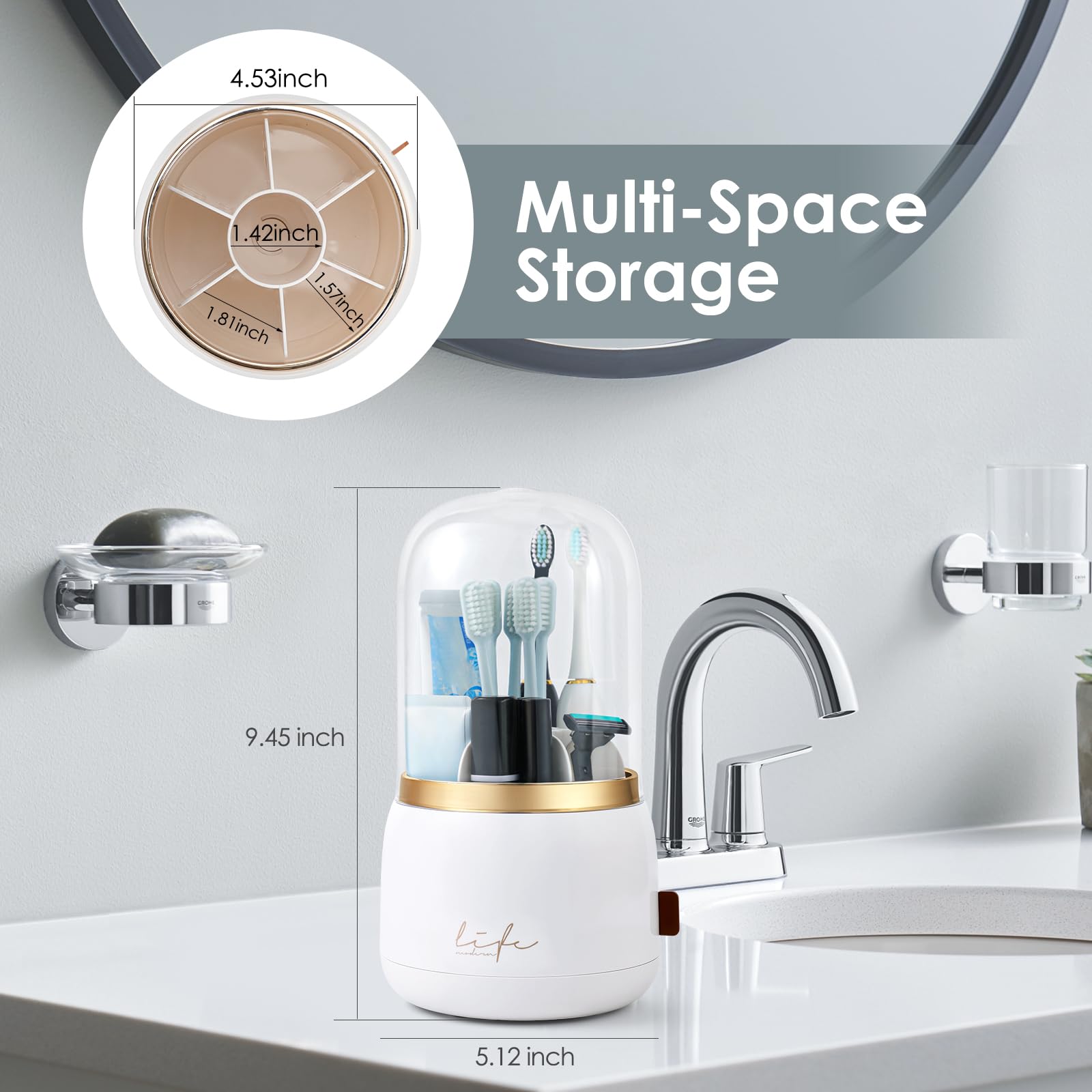 EXIN DECHEN Toothbrush Holders with Cover for Bathrooms, 360° Rotating 7-Slot Draining Water for Placing Kids Electric Toothbrushes,Toothpaste,Razors,Bathroom Counter Dresser Vanity Organizer(White)