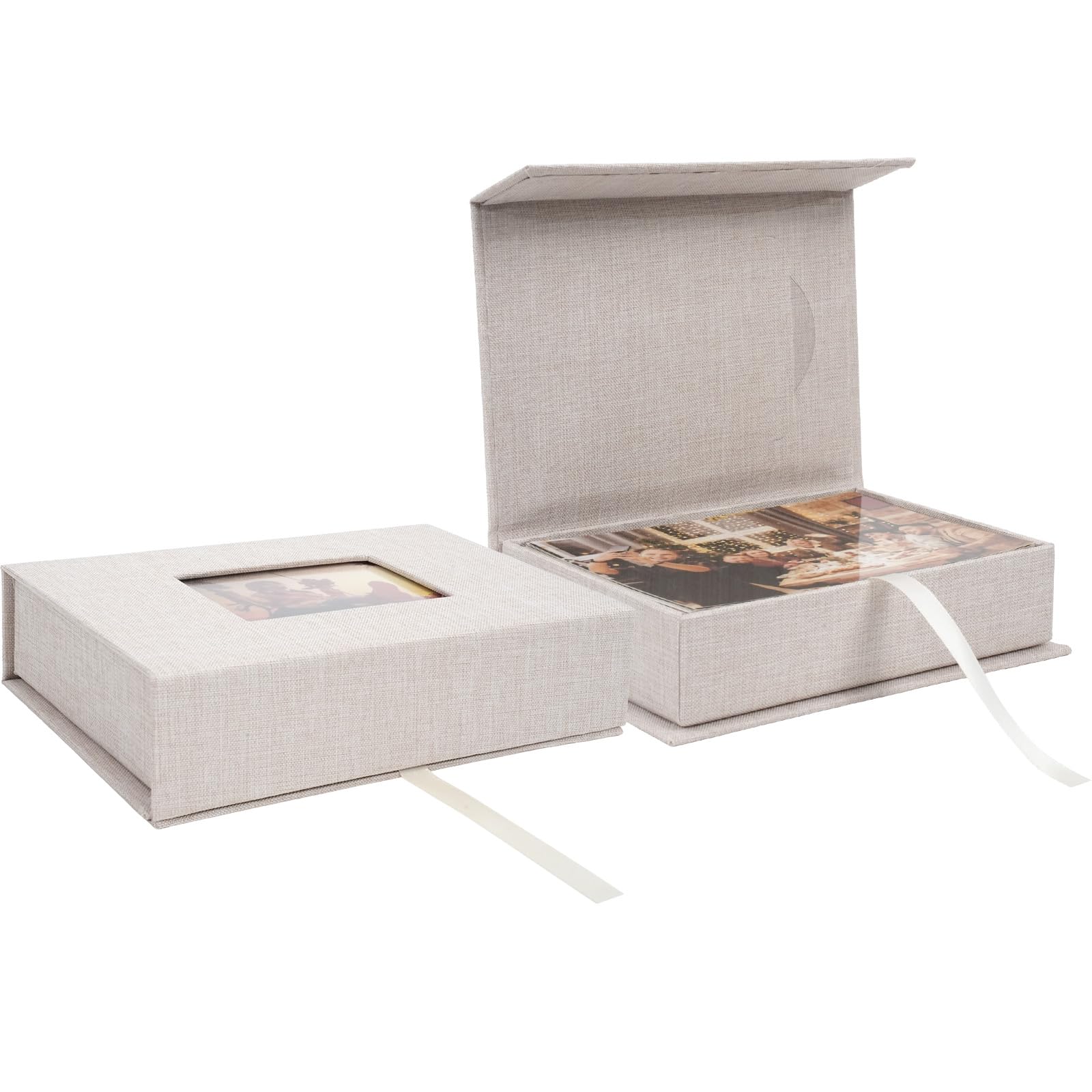 Photo 1 of Hiwhy Linen Photo Storage Box, 4 x 6 Inch Memory Keepsake Organizer with Transparent Window, Stylish Photo Box for Storing Pictures, Keepsakes, Postcards, Scrapbooking Supplies, Beige