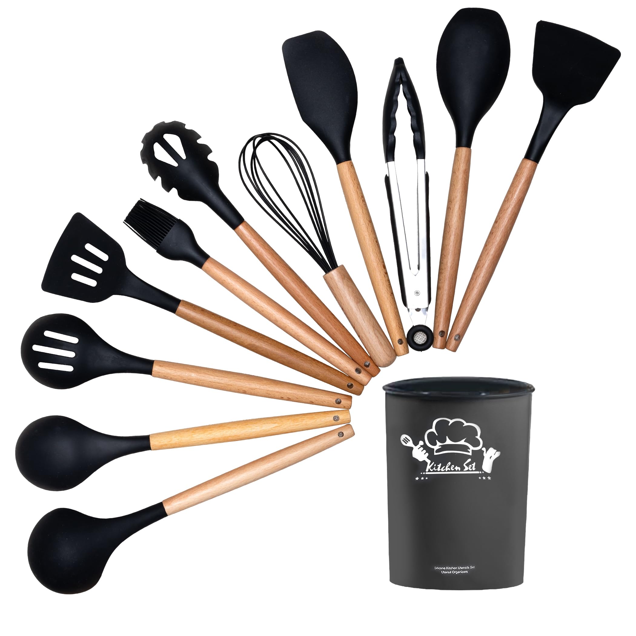 MYOTTPRO Silicone Kitchen Utensils Set, 12 Pcs Cooking Utensil Pack for Nonstick Cookware with Wooden Handles, Heat Resistant Silicone Coated Cooking Tools with Turner Tongs Spatula Slotted Spoon