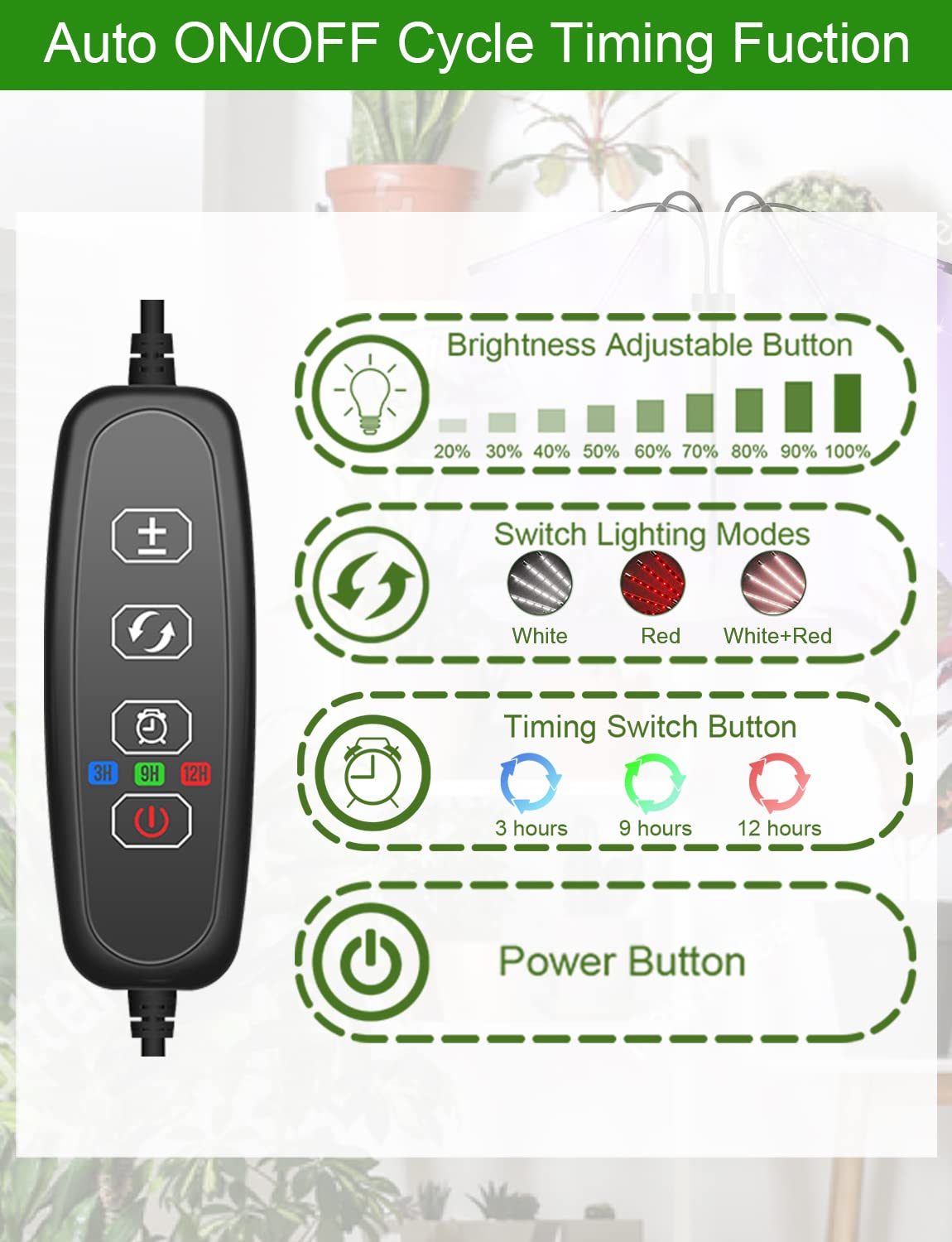 Shyineyou Grows Lights for Indoor Plants Full Spectrum, Plant Light for Indoor Plant with 3 Switch Modes, 3/9/12H Timer, 15W Dimmable Plant Grow Lights for Various Plants
