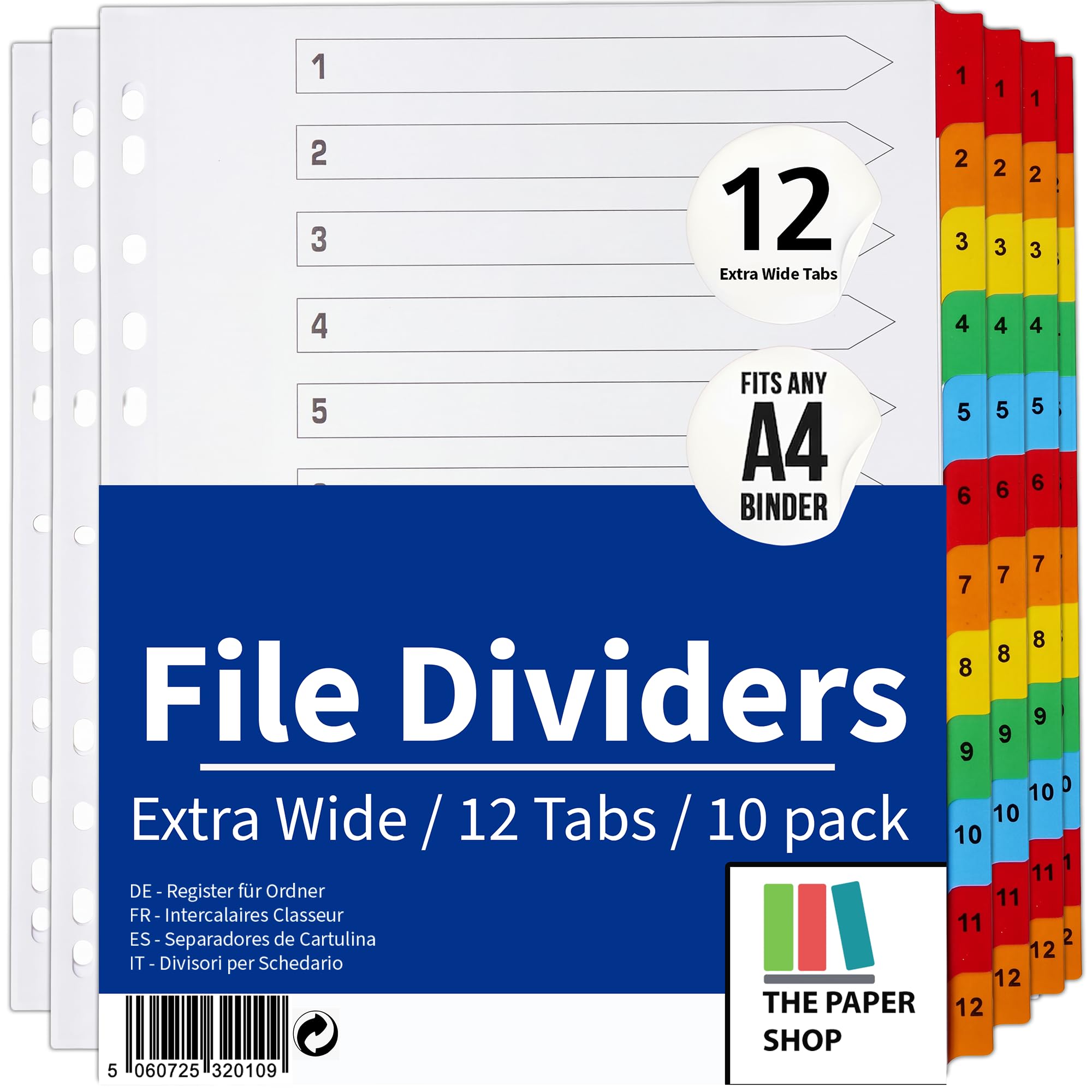 [10 Pack] A4+ Extra Wide 12 Part File Dividers A4+ Extra Wide 12 Part Numbered Subject Dividers Multipunched Reinforced Colour Tabs 150gsm