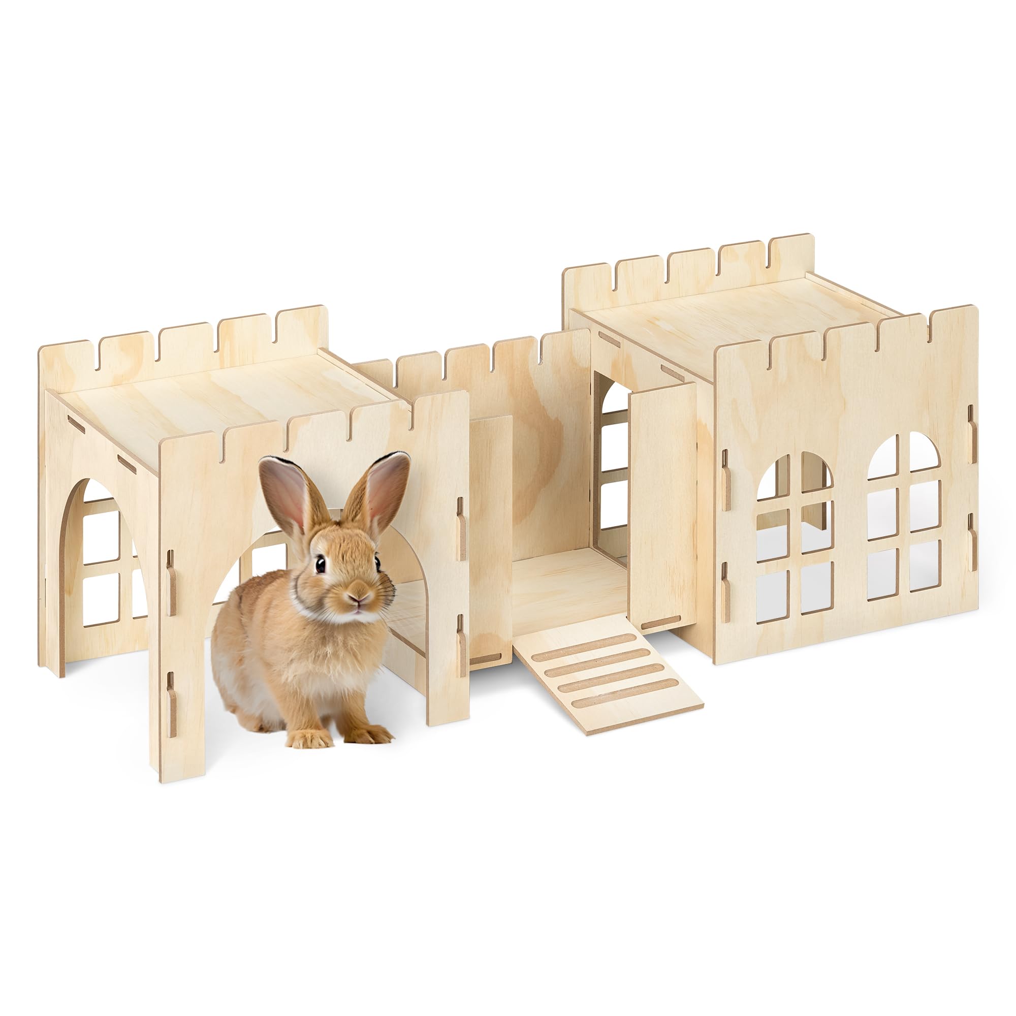 Navaris Rabbit Castle - Wooden Hideaway Playhouse for Pet Bunny - MDF & Pine Wood Rabbit Toy House - Bunny Hideout Fort - 69 x 24 x 25.5 cm