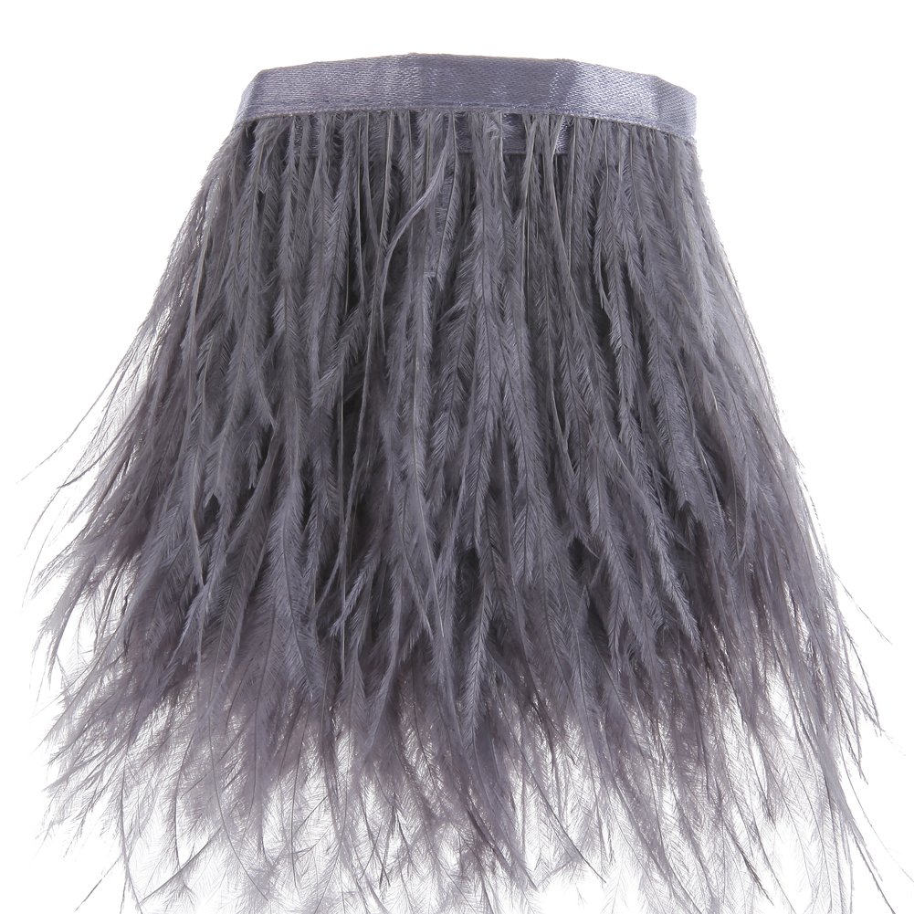 2 Yards Ostrich Feathers Fringe Trims - for Dress Sewing Crafts Costumes Decoration (Grey)