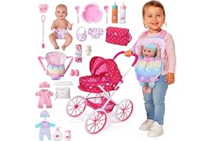 JIZHI Baby Doll Stroller Set with Baby Doll Accessories – 12" Washable Baby Doll, 24 Pcs Care Kit, Carrier & Sturdy Wheels – Pretend Play Stroller Toy for Girls Ages 3+