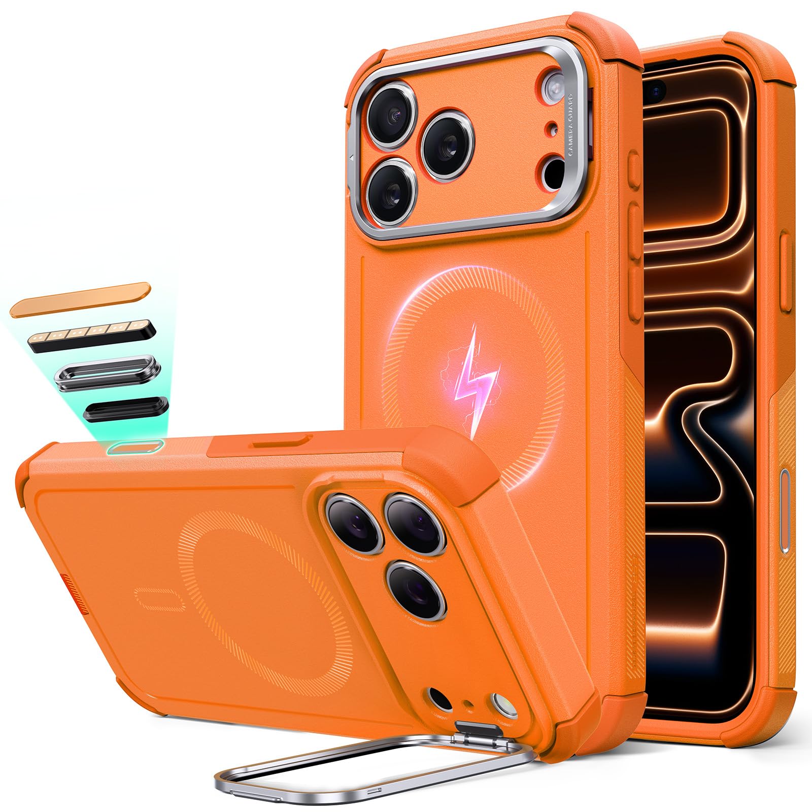 Photo 1 of ESR for iPhone 17 Pro Case with Stash Stand, 7X Military-Grade Drop Protection with Camera Control, Shock-Absorbing Phone Rugged Cover, Compatible with MagSafe Accessories, Cyber Series, Orange