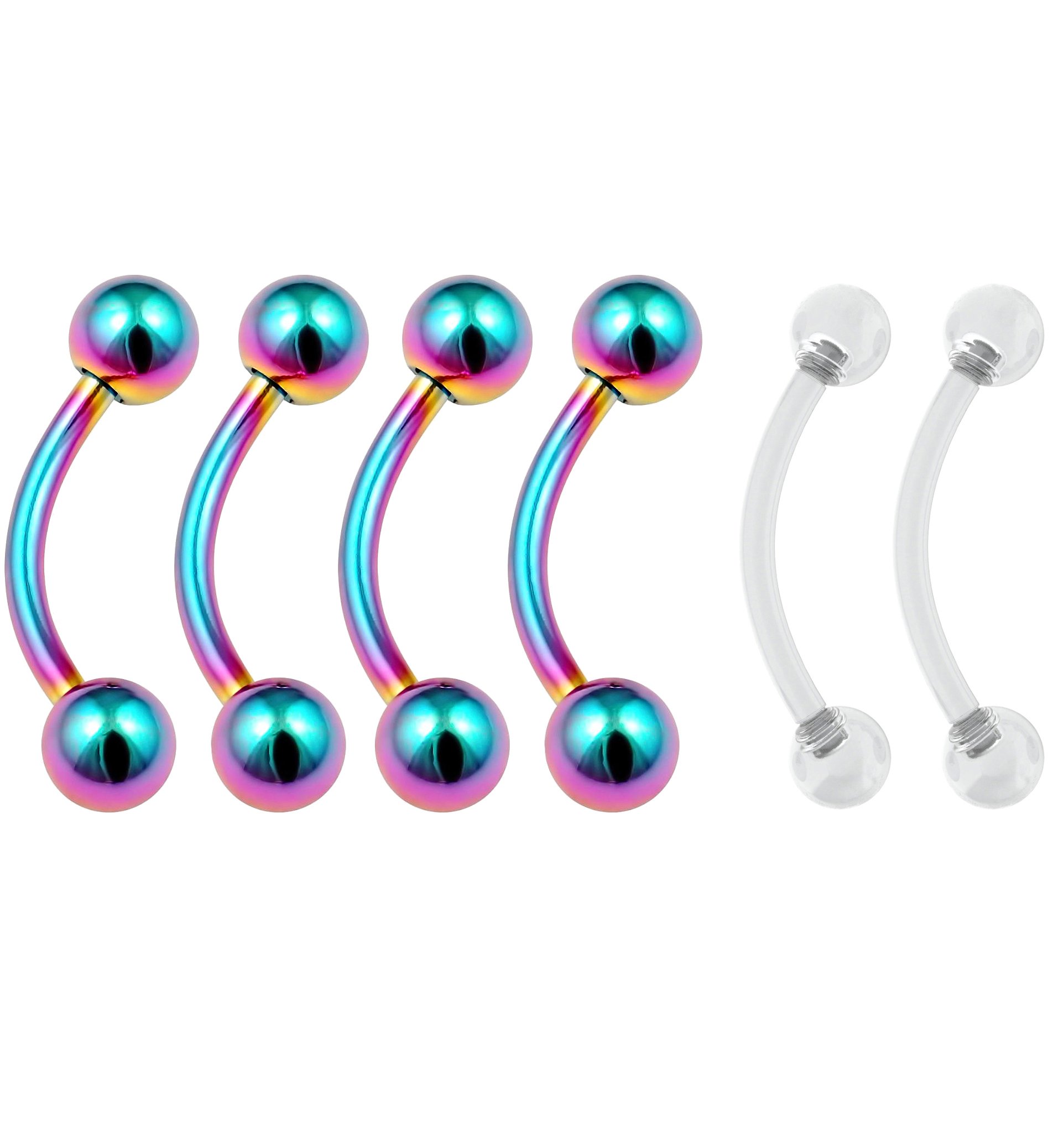 4pc Curved J-Curve Barbell 16g 1.2mm Rainbow Vertical Labret Bar Lip Industrial Bar Earrings 10mm - 2pc Clear Retainer Keeper