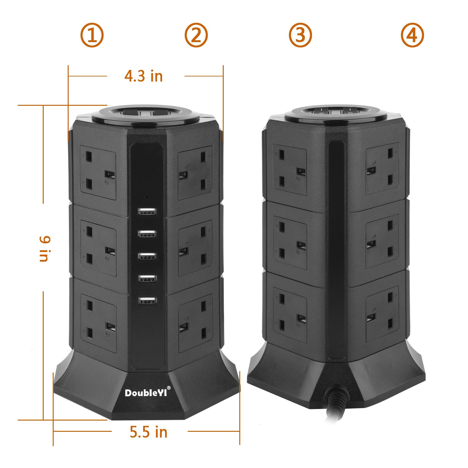 Extension Lead DoubleYI Socket 12 Way Outlet Surge Protector Tower
