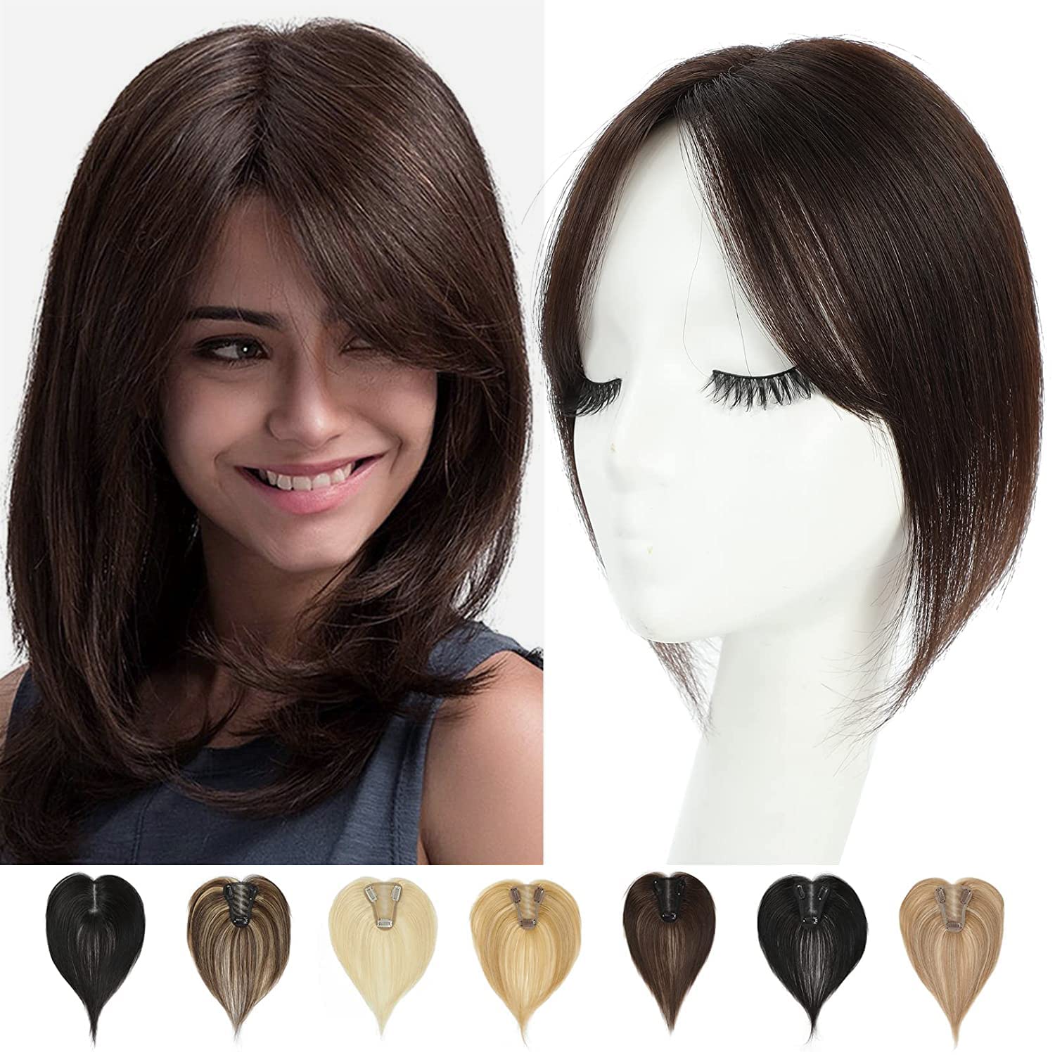 Hair Toppers for Thinning Hair Women Real Hair Pieces for Women Human Hair Topper Adding Extra Hair Volume Swiss Base Clip in Hair Extensions 10inch (Dark Brown) — image 1