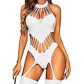RSLOVE Fishnet Bodystocking for Women – Sleeveless Halter One Piece Lingerie High Stretch Footless Design