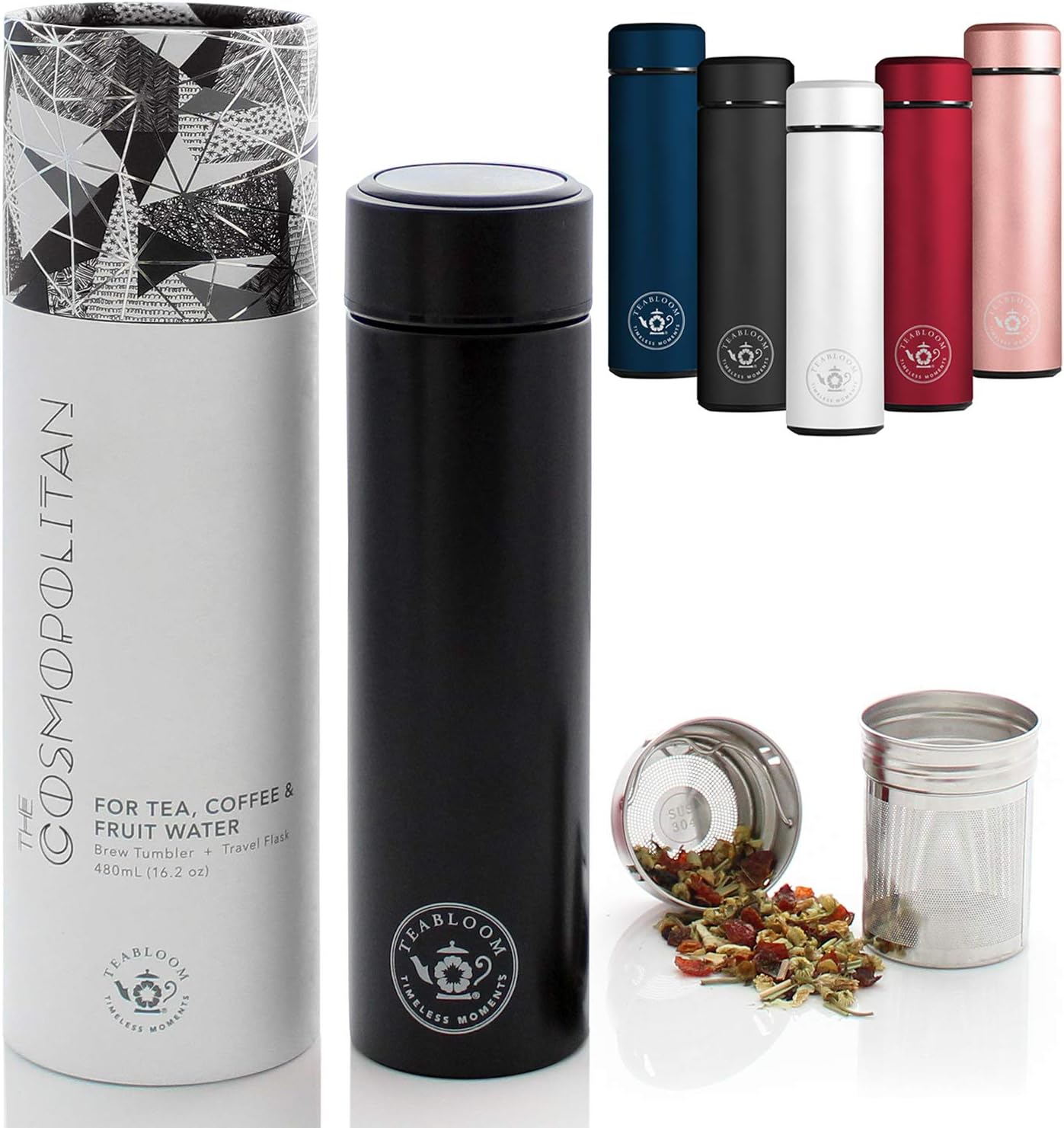 Teabloom All-Purpose Beverage Tumbler / 480 ml/Brushed Metal Insulated Water Bottle/Tea Tumbler/Travel Bottle/Cold Brew Coffee Mug/Extra-Fine Two-Way Infuser/Jet Black