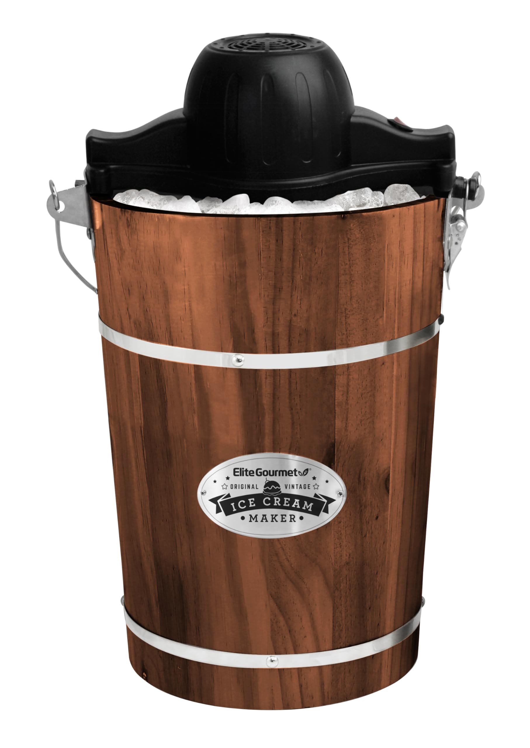 Photo 1 of ***** FOR PARTS/MOTOR HOUSING IS CRACK***** Elite Gourmet EIM949 Old Fashioned 6 Quart Vintage Walnut Wood Bucket, Electric Ice Cream Maker Machine Appalachian, Uses Ice and Rock Salt