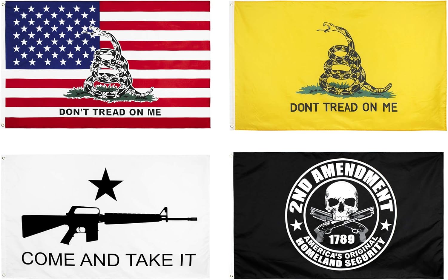 KENPMA 4 Pieces Gadsden American Flag - 2nd Amendment Flag - Come and Take It Flag - Dont Tread On Me Flag 3x5 ft with Grommets - Printed Polyester - Indoor/Outdoor - Vibrant Colors - Fade Resistant