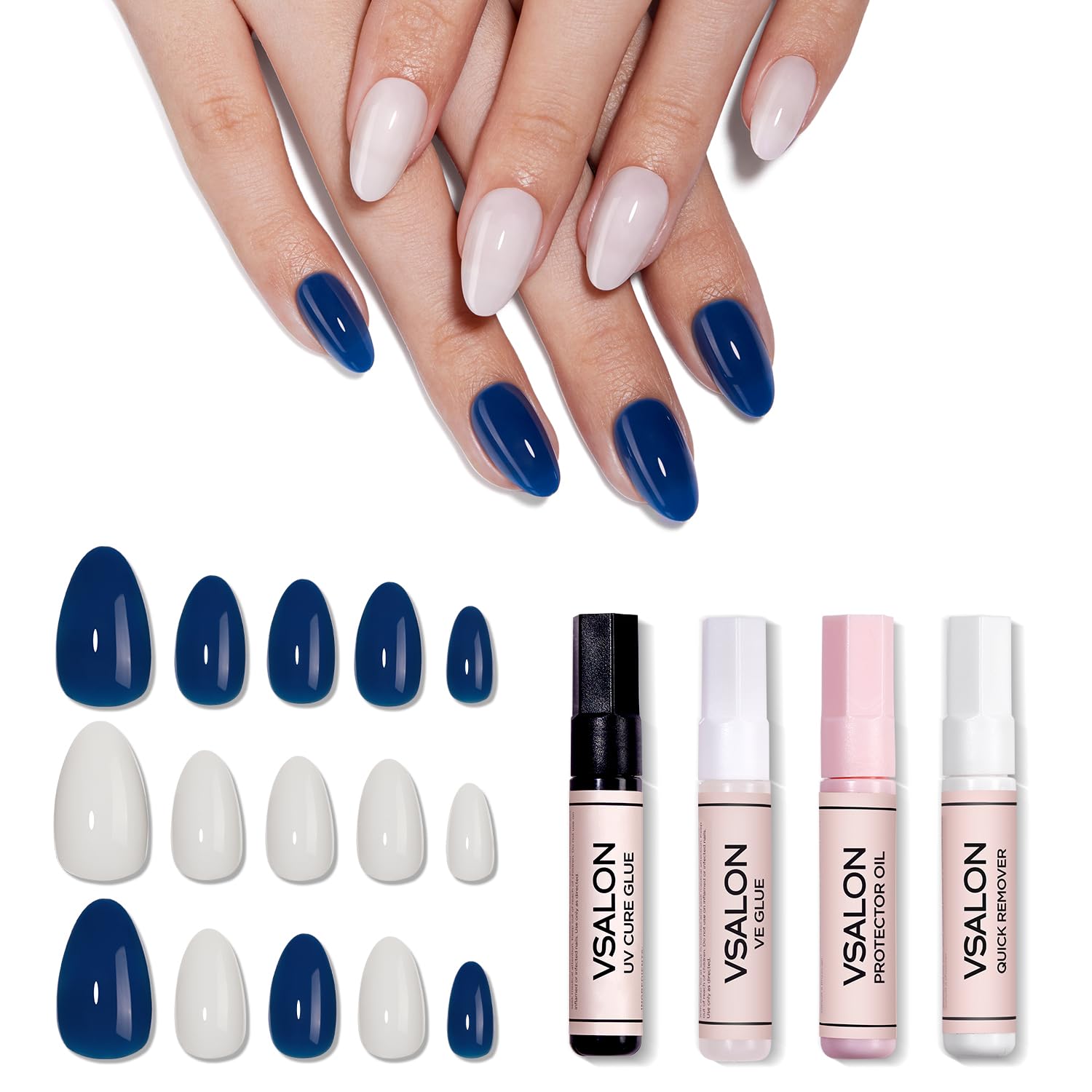 Photo 1 of VSALON Press On Nails Short Almond - 42 PCS Navy Blue Cream and White Semi-Transparent Fake Nails for Women?32 Main Nails in 16 Sizes & 10 Alternative Nails - Lamp Curable Glue on Nail with Tool Kit