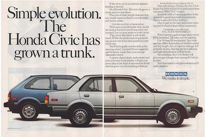 Amazon Com Magazine Print Ad 1981 Honda Civic 4 Door Sedan 1500 Cvcc Engine Simple Evolution The Honda Civic Has Grown A Trunk 2 Pages Entertainment Collectibles