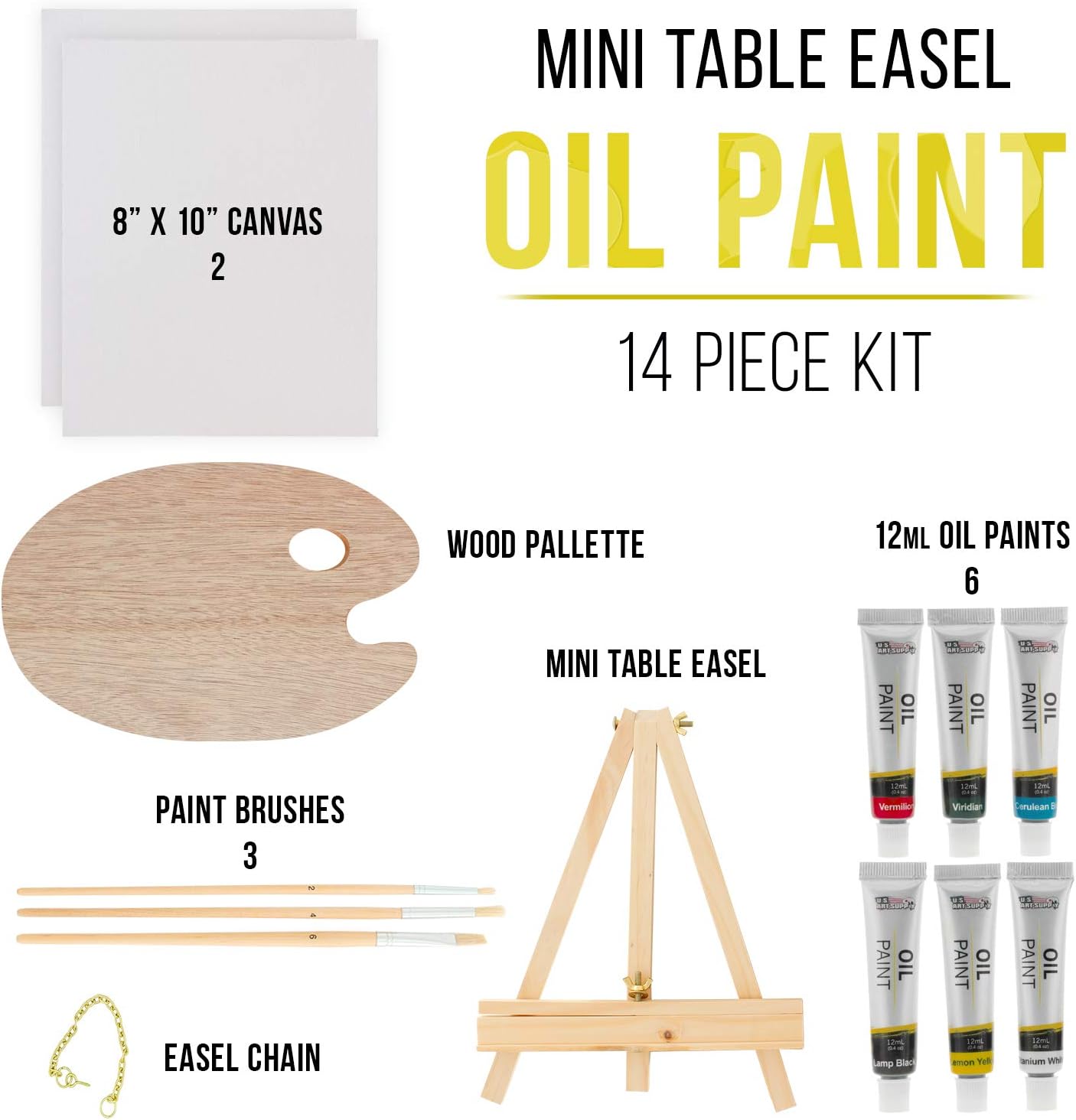 U.S. Art Supply 13-Piece Acrylic Artist Painting Set with Mini Table Easel, Canvas Panel, Brushes & Palette