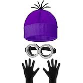 HEYFIZZ 3 Pcs Halloween Costume Accessories Adult,Purple Beanie/Goggles Glasses/Gloves for Women Men Cosplay Party Set