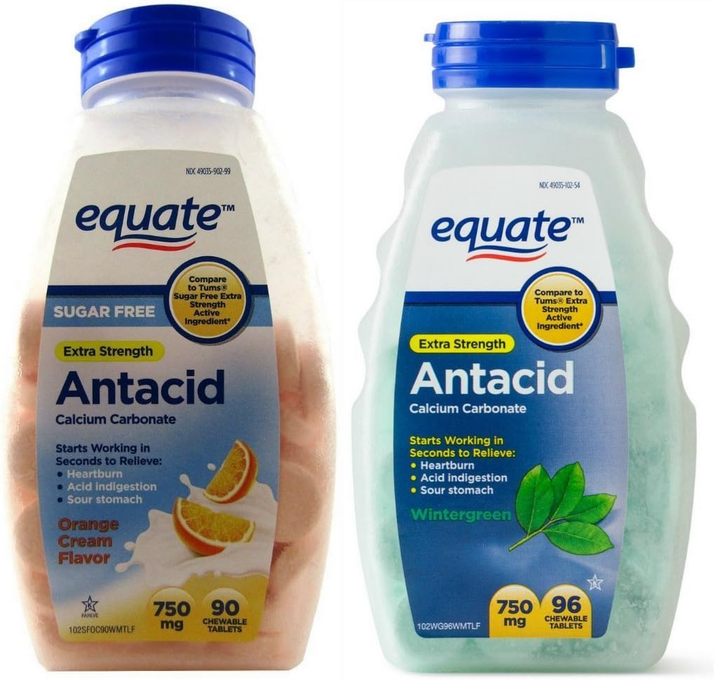 Sugar Free Antacid Orange Cream Flavor + Extra Strength Chewable Wintergreen Tablets | Equate 750 mg | Compare to Tums: Health & Personal Care