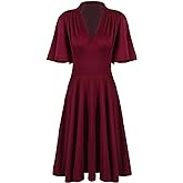 Vijiv Womens Vintage 1920s V Neck Rockabilly Swing Evening Party Cocktail Dress with Sleeves
