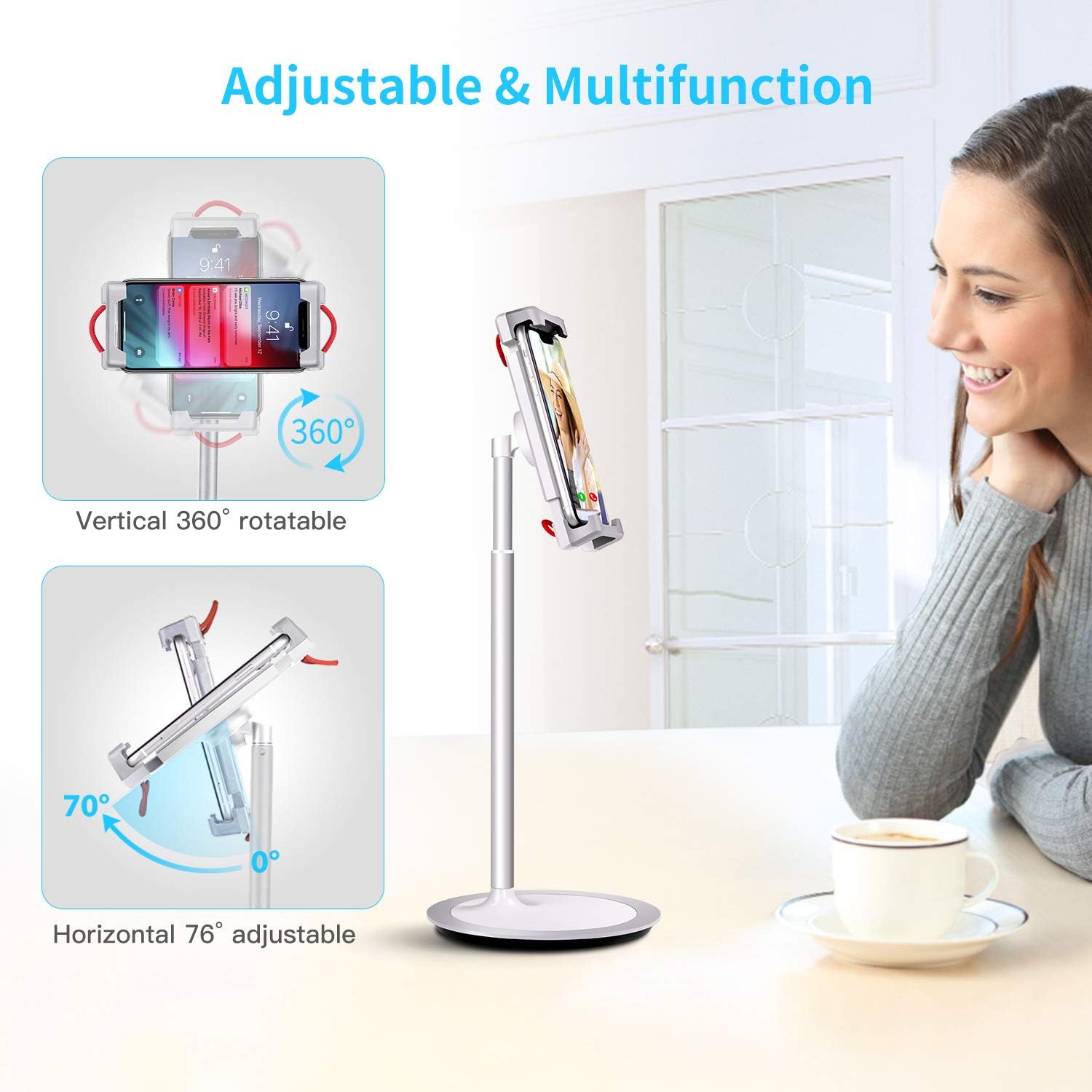 SAIJI Tablet Stand Holder, Height Adjustable, 360 Degree Rotating, Aluminum Alloy Cradle Mount Dock for 4.7"-12.9" Screen iPhone Samsung, iPad, Nintendo Switch, Kindle, eBook Reader (Silver): Computers & Accessories