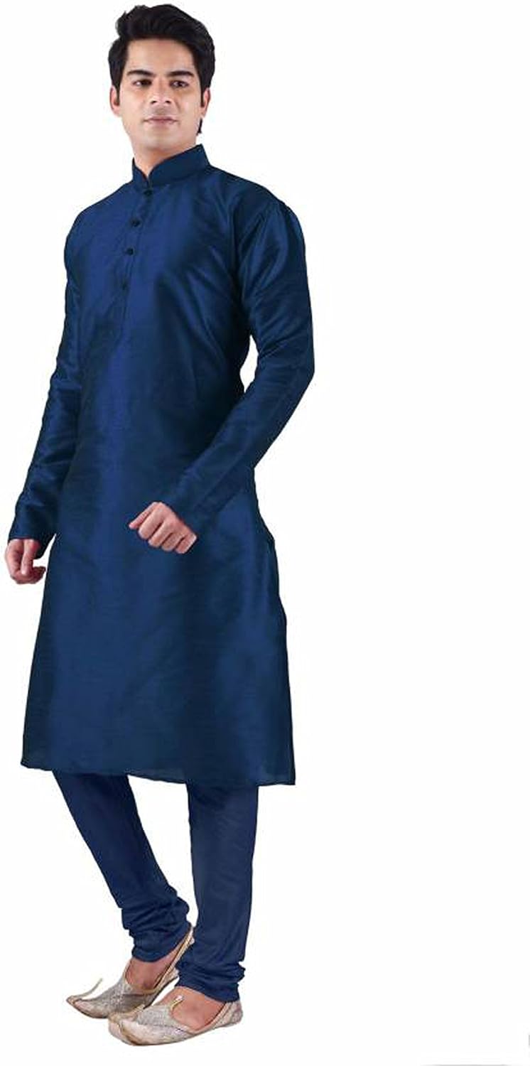 unm men's dupion silk blend traditional blue kurta pyjama set