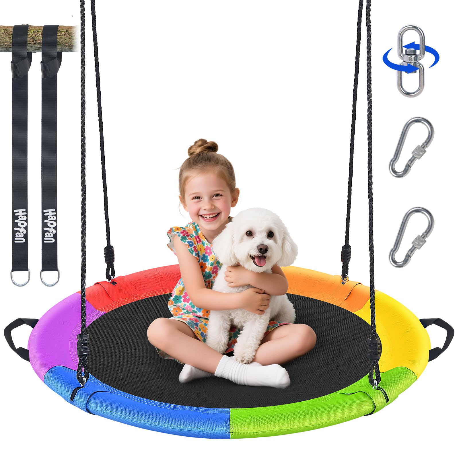Photo 1 of Hapfan 40" Saucer Tree Swing for Kids and Adults, Disc Round Swing for Kids Outdoor with Swivel, UV-Resistant Textilene Fabric, 700 lb Weight Capacity, 9.8 FT Hanging Straps, 2-Year Warranty (Rainbow)