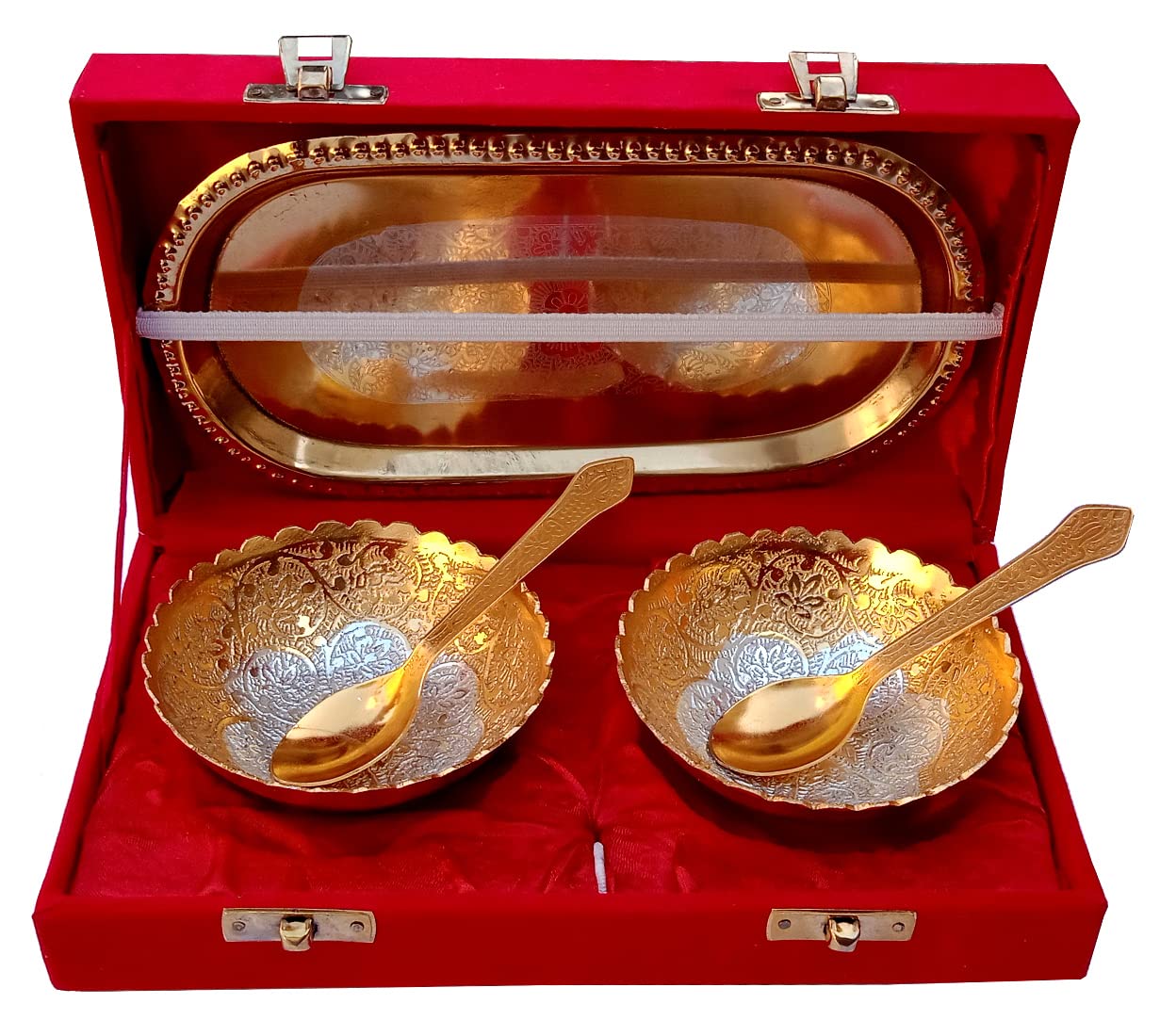 Purpledip Metal Bowl Spoon Serving Set of Two in A Tray: for Dry Fruits, Sweets Or Candies, Silver-Gold Finish (12533B)