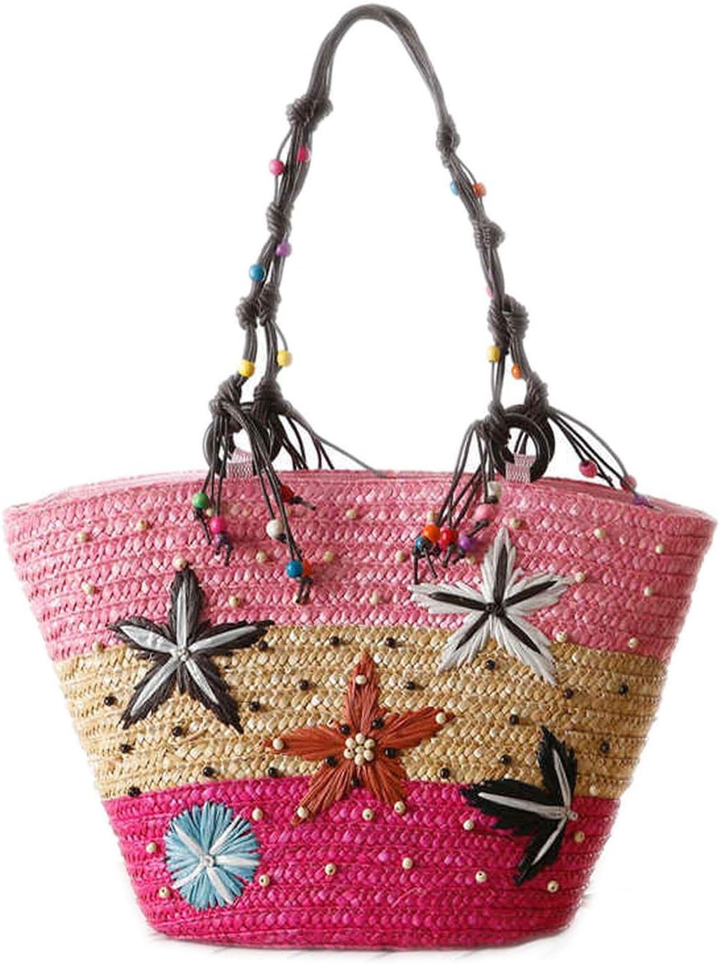 Bohemian Hand-Embroidered Starfish Straw Bag Beaded Woven Handbag Shoulder Bag