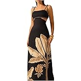 SOLY HUX Women's Summer Maxi Dress Boho Print Tie Shoulder Spaghetti Strap Cut Out Tie Back Cami Dresses Sundress