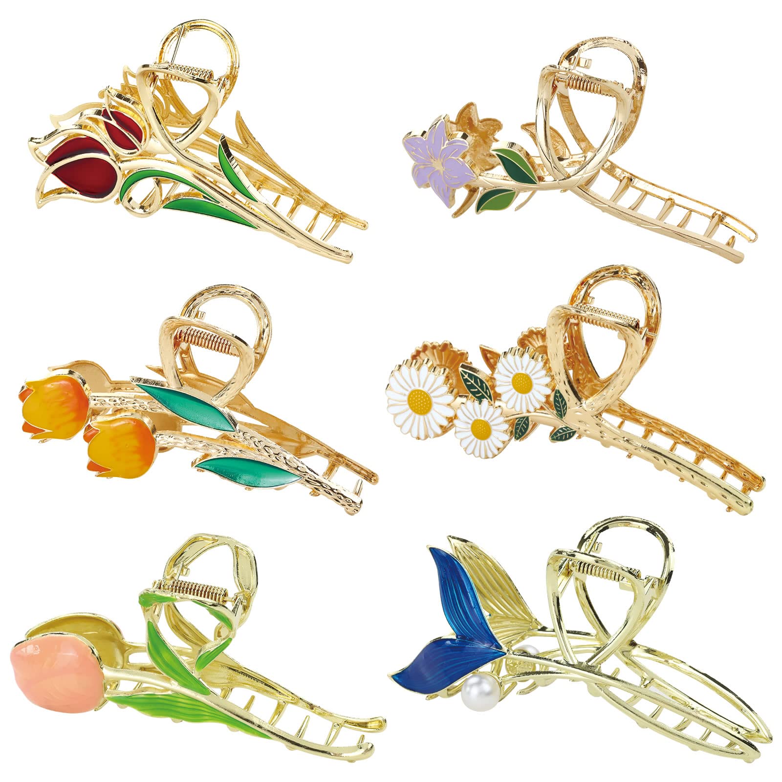 Cinaci 6 Pack Gold Metal Hair Claws for Women, Delicate Tulip Lily Daffodil Daisy Fishtail Decorative Hair Clips Claws Clamps with Strong Hold for Women Girls Thick Long Hair